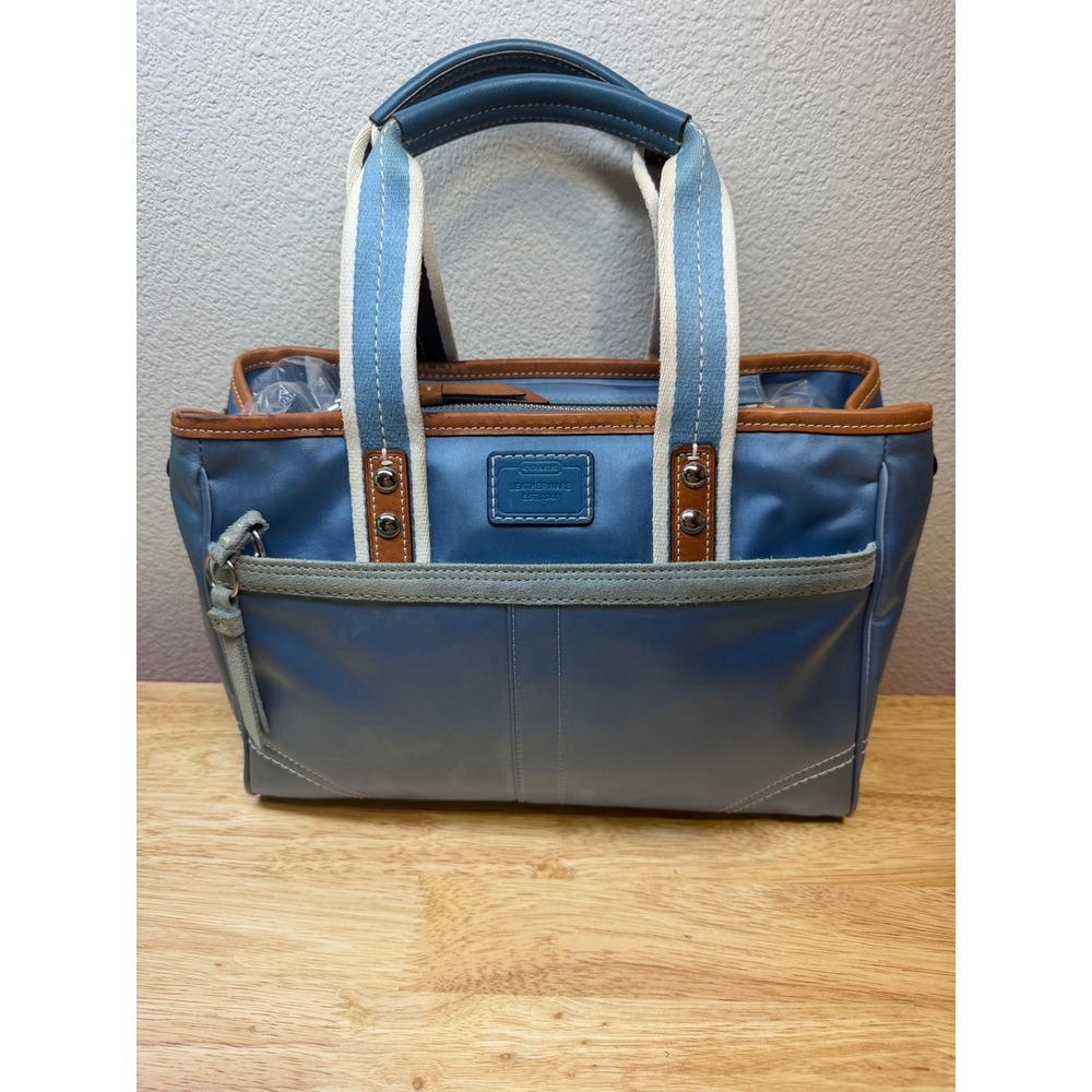 Coach Hamptons Weekend Blue Nylon Sateen Leather Suede Tote Bag Womens